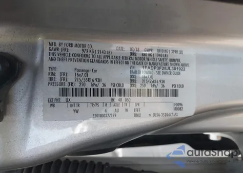 2018 Ford Focus Se из США, поврежденный, VIN 1FADP3F28JL301922